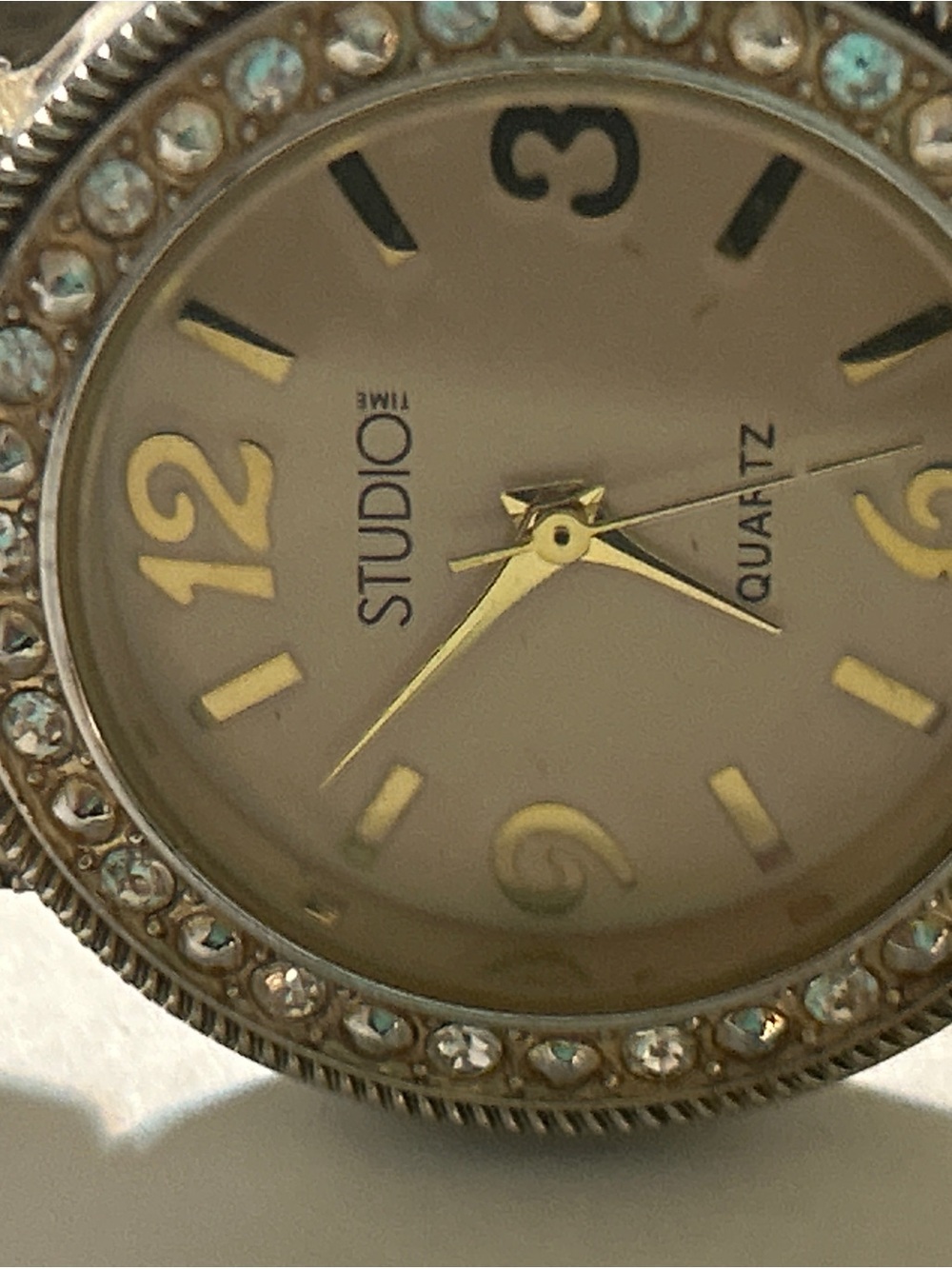 Working Studio Time Cream Enamel Rhinestone Halo Hinged Cuff Watch Y2K